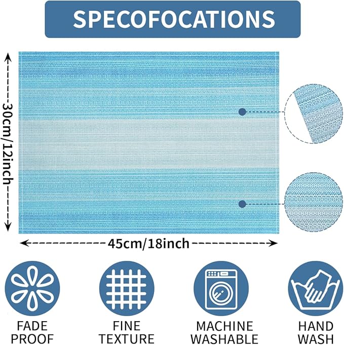 Blue Placemats Set of 12, 12x18 Inch Washable Easy to Clean Heat-Resistant Anti-Skid Table Mats for Holiday Party Kitchen Dining Room Decoration
