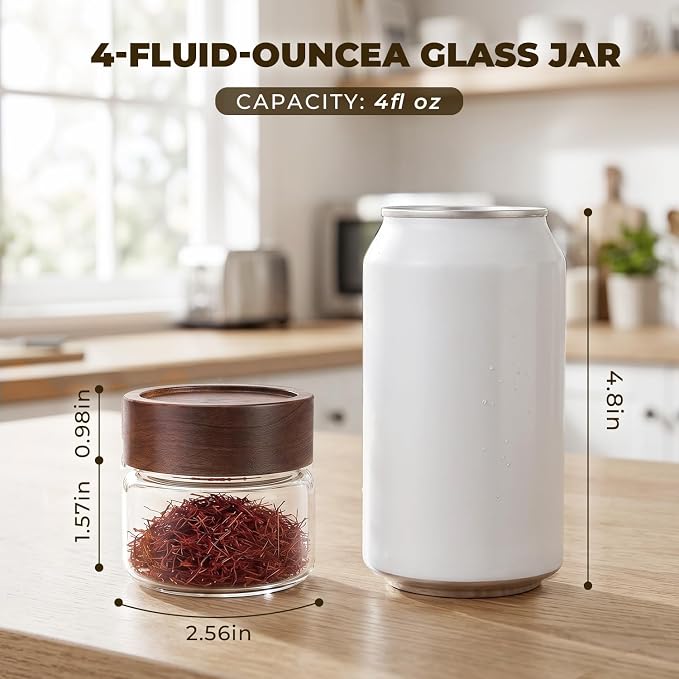 4 Pack 4 oz Glass Jars with Lids, Small Mason Jars with Airtight Acacia Wood Lid, Glass Spice Jars for Kitchen Pantry Organization, 4oz Small Jars for Spices, Nuts, Herbs & Seasoning
