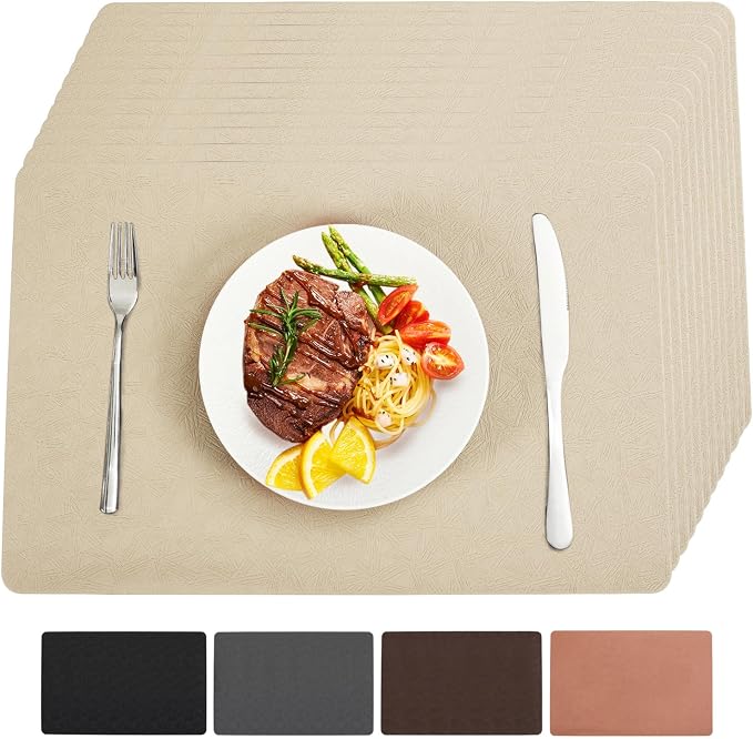 Beige Vinyl Placemats Set of 12 Waterproof Wipeable Table Mats | Heat Resistant Easy Clean Place Mats Faux Leather Table Mats Washable PVC Table Placemats for Dining Table