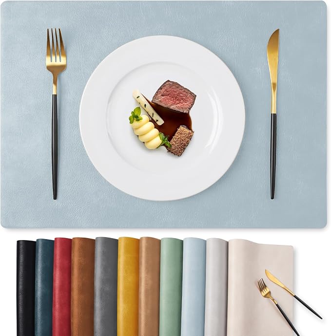 MOSAYT Vinyl Placemats Set of 6-12 X 17 Inch - Faux Leather 100% Waterproof Oil-Proof Wipeable PU Place Mats, Heat Resistant Reversible Table Mats for Kitchen, Dining, Outdoor, Light Grayish Blue