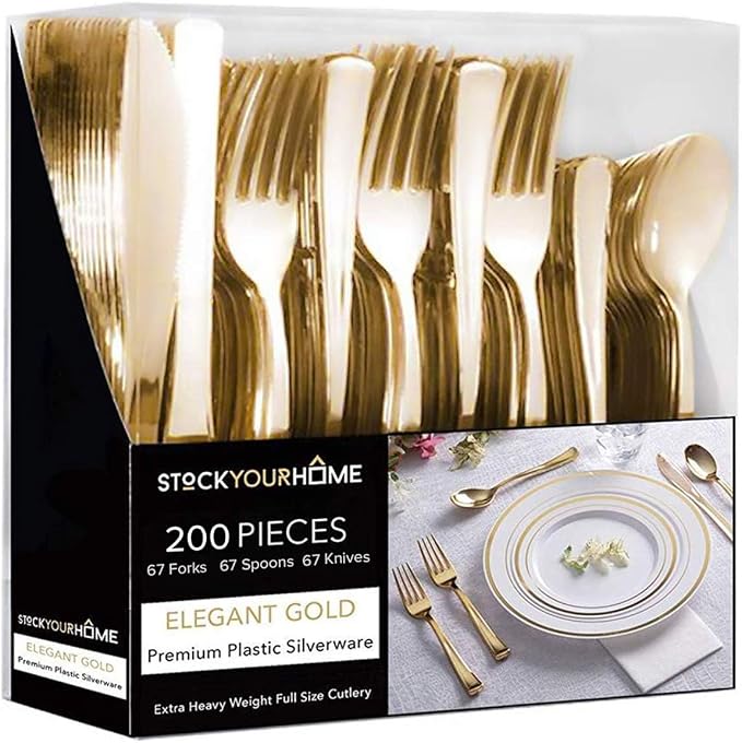 Gold Plastic Silverware Set (200-Pack) – Disposable Heavy Duty Cutlery, 67 Forks, 67 Knives, 67 Spoons for Parties, Weddings, Dinners & Holidays, Stock Your Home