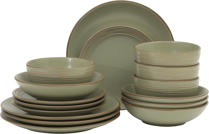 Gibson Home Chiswick House 16-Piece Stoneware Dinnerware Set, Round Plates and Bowls Set for 4, Green with Wax Relief Embossed Rim Detail, Dishwasher Safe – Dinner Plate, Salad Plate & Cereal Bowl