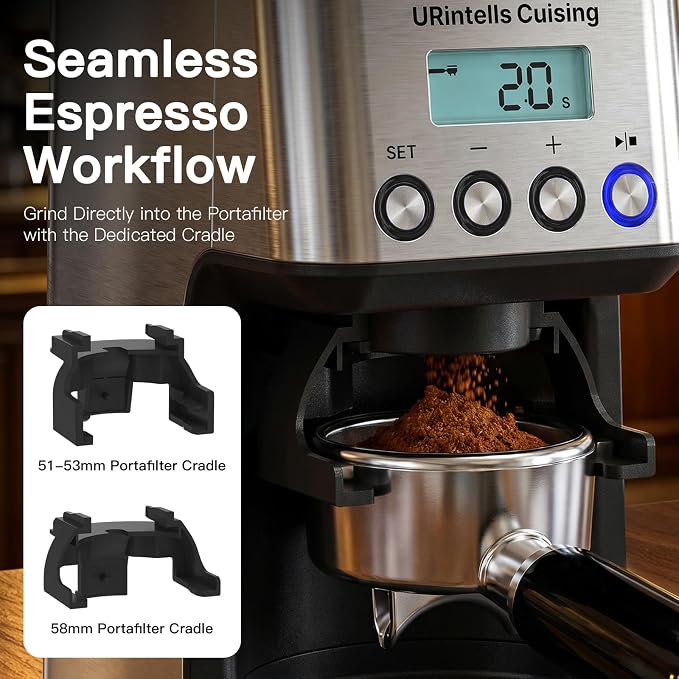 URintells Cuising Burr Coffee Grinder, 51 Grind Setting and Low-Speed Motor | 51-53mm & 58mm Portafilters Holder, Anti-Static Ground Bin, 0.1s Precision Dosing, Hands-Free Grinding, 12.3oz Bean Hopper