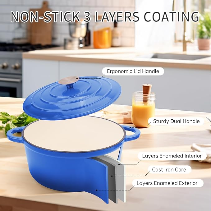 6 Quart Enameled Cast Iron Dutch Oven Pot with Lid Blue | Silicone Accessories, Oven Safe up to 500°F, Non-stick Dutch Oven for Bread Baking, Cooking, Dual Handles Cookware