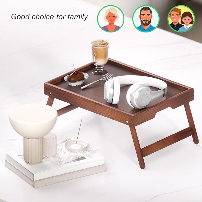 Fibogollo 4 Pack Bamboo Bed Tray Table with Folding Legs,Breakfast Trays,Serving Tray for Food and Snack,Laptop Trays for Working(Brown)