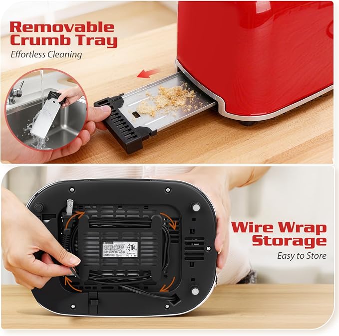Aigostar Toaster 2 Slice, Retro Extra-Wide Slot, Red | Best Rated Prime, For Toasting Bagels, Breads, Waffles & More, Cancel, Defrost & 6 Browning, Removable Crumb Tray