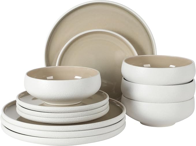 Gibson Elite Pacifco Beach Plates and Bowls Sets, 12-Piece Stoneware Dinnerware Sets, Reactive Glaze Dish Set - Taupe