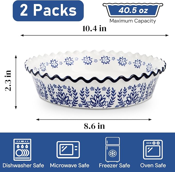 SOUJOY 2 Pack Ceramic Pie Pans for Baking, 10 Inch Pie Plates with Ruffled Edges, Deep Round Baking Dishes, Non-Stick Bakeware for Quiches Tarts Casseroles, Oven Microwave & Dishwasher Safe