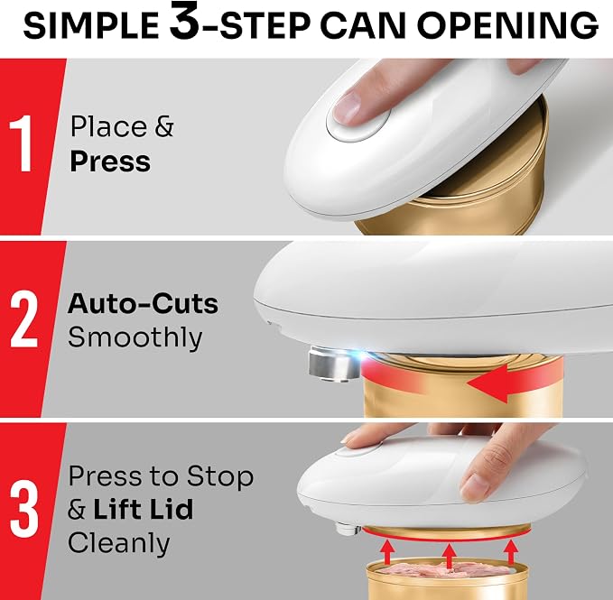 MUELLER HOME SmoothEdge Auto Electric Can Opener, White | Battery-Operated, One-Touch w Magnet Lid Lifter, Smooth-Edge Cut Technology, Portable Hands-Free Automatic