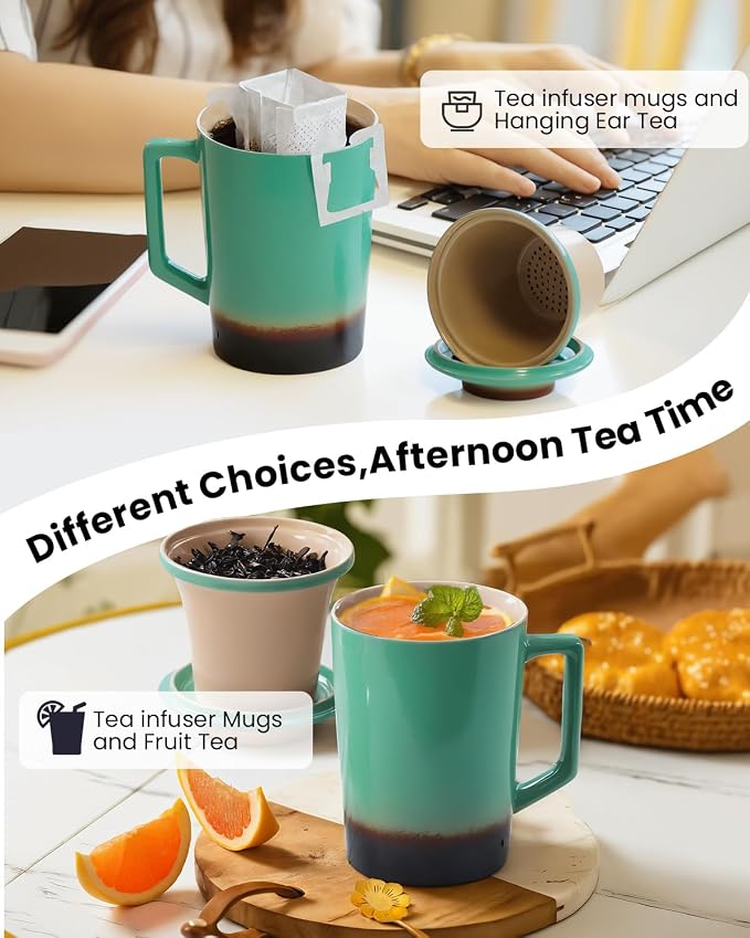 15 oz Ceramic Tea Infuser Cup with Lid - Tea Mug with All Porcelain Strainer for Loose Leaf Teas,Microwave and Dishwasher Safe,Metal-Free,BPA-Free for Tea Lovers/Birthday(Green)