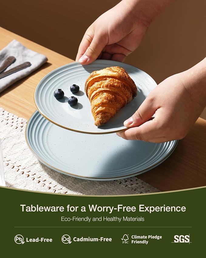 Famiware Jupiter Stoneware Dinnerware Sets, 18-Piece Speckled Dishes for 6 | Ceramic Plates & Bowls with Rim, Chip & Scratch Resistant, Microwave & Dishwasher Safe, Everyday & Formal Use, Neutral Blue