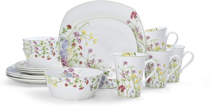 Mikasa Wildflower Garden Dinnerware Set, 16-Piece Bone China Dishes Service for 4, Square Plates and Bowls Set with Mugs, Floral Design, Dishwasher and Microwave Safe