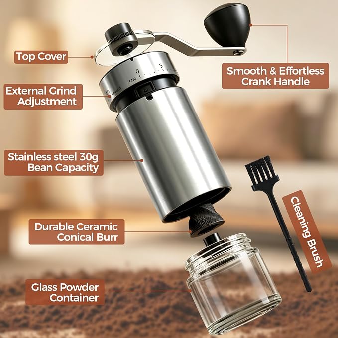 YQE Mini Manual Coffee Grinder with 40 External Grind Settings, Ceramic Conical Burr Hand Coffee Grinder, Portable Coffee Bean Mill for Espresso, Pour Over, French Press, Camping, Travel