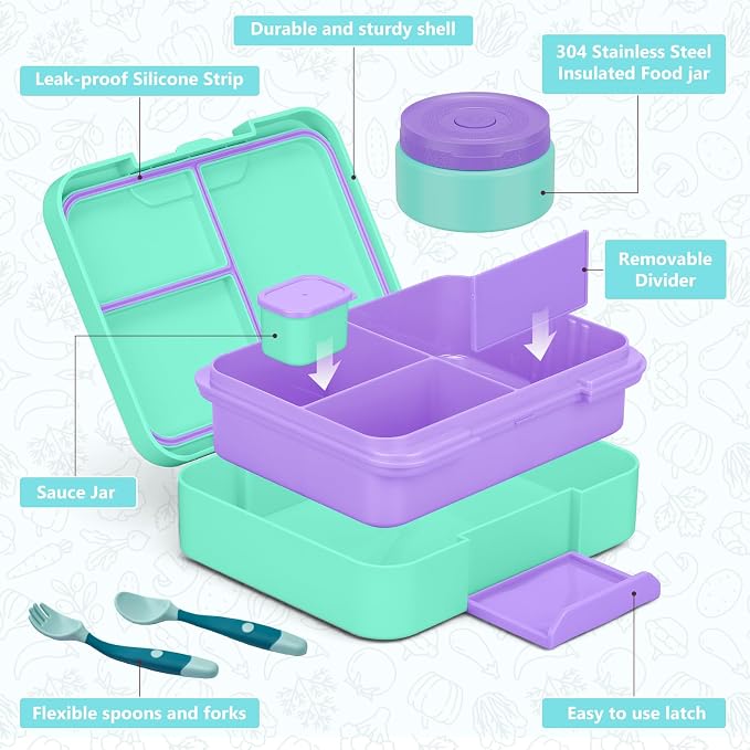 WyfKyd Bento Lunch Box Set with Soup Thermo Food Container for Kids Adults | Bento Box Set with 9.5oz Soup Thermo Kids Leak-proof Lunch Box Container with Insulated Hot Food Jar and Bag for School Green