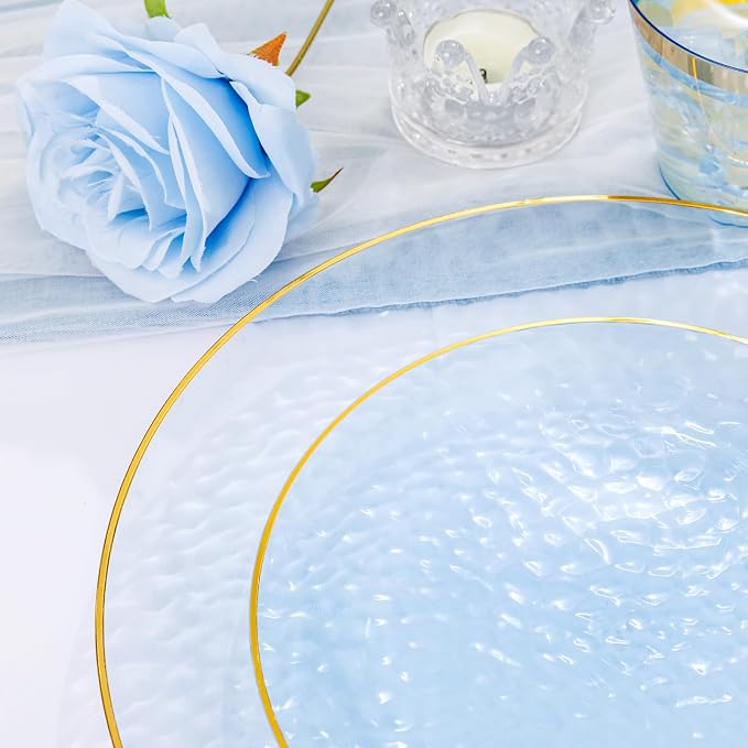 DaYammi 175PCS Clear Blue Gold Plastic Dinnerware Set for 25 Guests, Hammered Disposable Plates for Party, Include: 25 Dinner Plates, 25 Dessert Plates, 75 Gold Silverware, 25 Napkins, 25 Cups