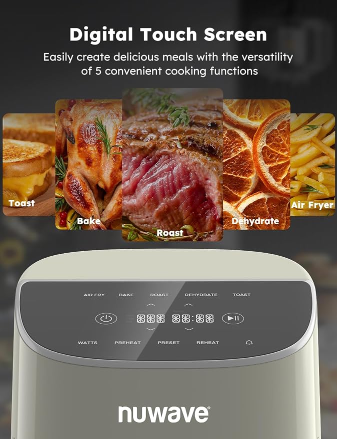 Nuwave Brio Plus 8 Qt Air Fryer, PFAS Free, New & Improved, 50-400°F in 5°F | Digital Touchscreen, Cool White Display, Ceramic Nonstick Coating, 5 Cook Modes, 100 Presets/50 Memory, 700/1500/1800W, Cream