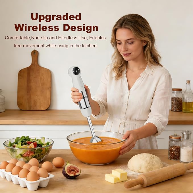Cordless Immersion Blender Hand Blenders Set,Variable Speed 4 in 1 Stick Emulsifier with Chopper and Whisk for Soup, Baby Food and Smoothies (White)