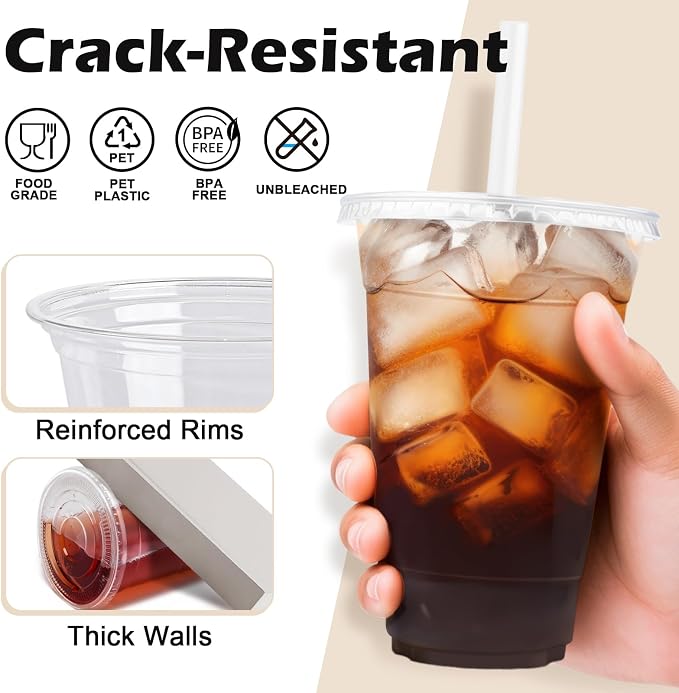 Lamosi 100 Pack 16 oz Clear Plastic Cups with Lids and Straws | Disposable Plastic Cold Cups for Iced Coffee, Smoothies, Parties, Picnics, Office Drinks, Light To-Go Use and Easy Cleanup