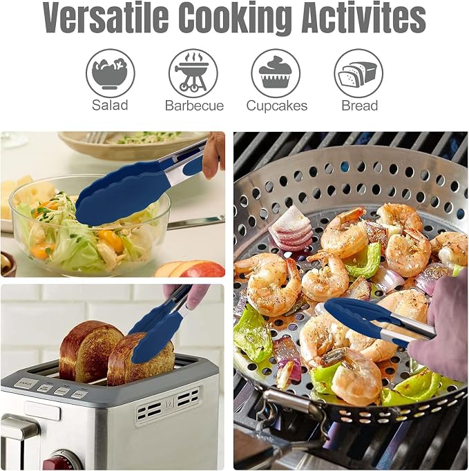 HOTEC Premium 7 & 9 Inch Kitchen Tongs, Stainless Steel Locking Cooking Tongs with Silicone Tips, Non-Scratch & Heat Resistant, Serving Tongs for Salad, BBQ, Classic Blue, Set of 2