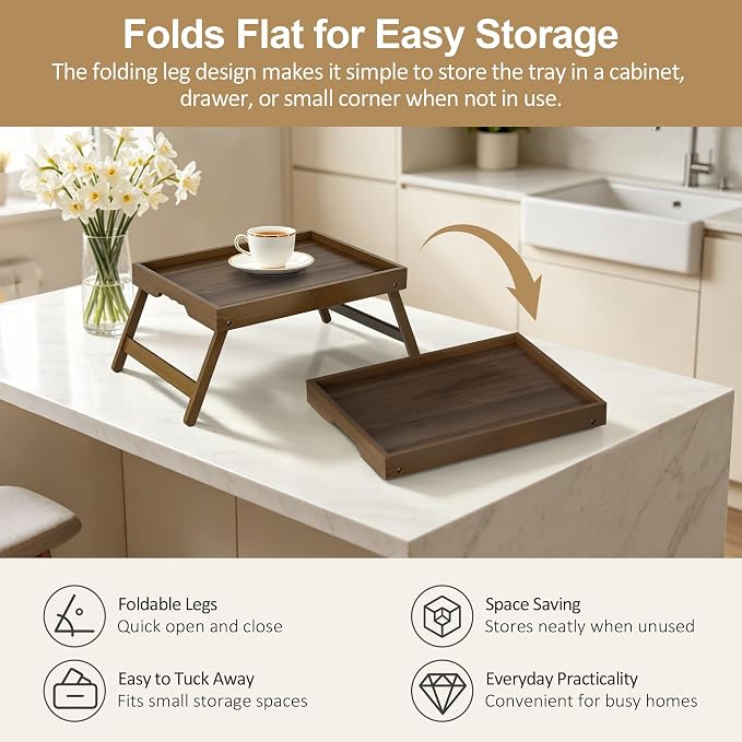 Bamboo Breakfast Trays with Folding Legs, Large, 2-Pack, Walnut | Set of 2 large bamboo bed trays with folding legs and wave handles for meals, laptops and serving in bed.