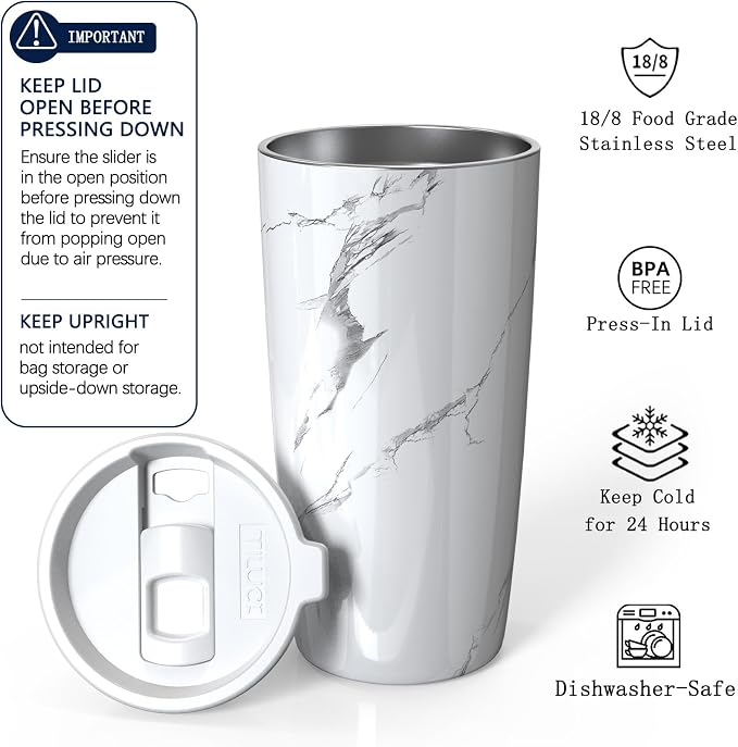 TILUCK 20 oz Insulated Coffee Tumbler with BPA-Free Lid | Travel Coffee Mug, Dishwasher Safe, Cup Holder Friendly, Double-Wall Vacuum Insulation for Hot & Cold Drinks, Marble