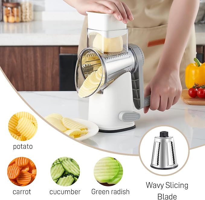 Weltonhm 4 in 1 Large Cheese Grater Hand Crank (White Grey 4 Graters) | Cheese Shredder Rotary and Slicer with 4 Stainless Steel Blades for Vegetables, Veggie and Cheese, Stronger Suction Base