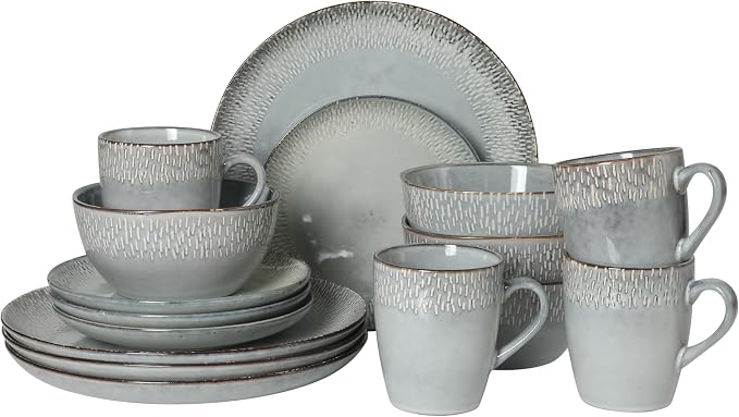 Gibson Elite Jasper 16 Piece Plates and Bowls Reactive Glaze Dishes Stoneware Ceramic Dinnerware Set - Service for 4 - Grey