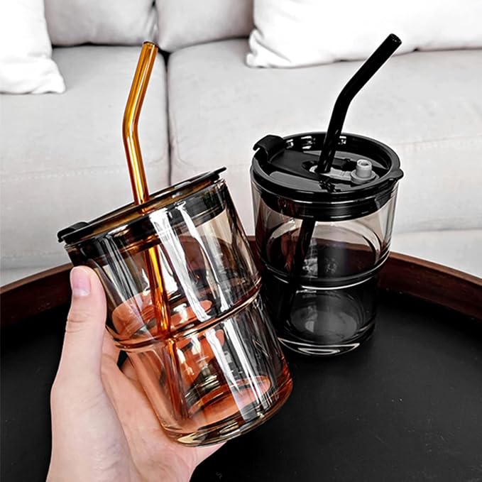 BLUEPOLAR 13 oz Tumbler Water Glass, Water Bottle with Straw and Dustproof Lid, Coffee Ice Cup Double Wall Insulated Glass Cup (Amber-4pack)