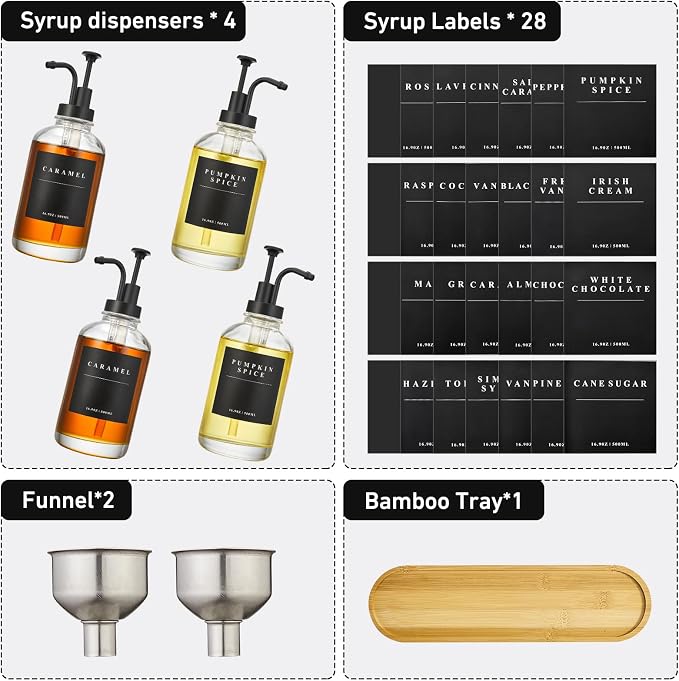 Coffee Syrup Dispenser for Coffee Bar, Coffee Syrup Pump Dispenser, Glass Syrup Bottle with Black Upgraded Pump, 4 Pack 16.9 oz 500 ml Syrup Dispensers, 28 Labels and Large Bamboo Tray