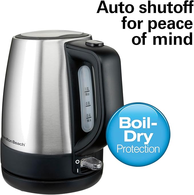 Hamilton Beach 1 Liter Electric Tea Kettle, Water Boiler & Heater | Fast Boiling 1500 Watts | BPA Free | Cordless Serving | Auto-Shutoff & Boil-Dry Protection | Mesh Filter | Stainless Steel