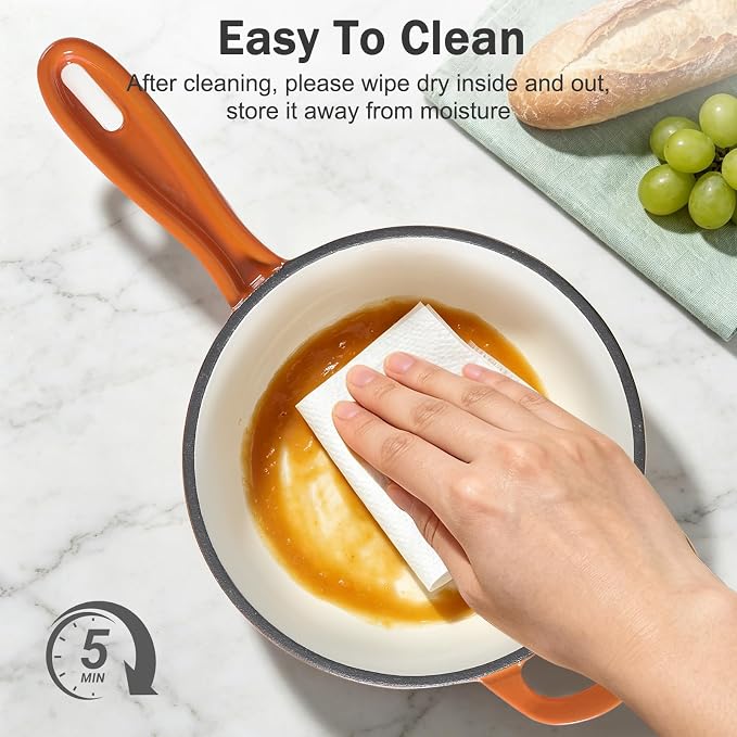 Enameled Cast Iron Sauce Pan with Lid, 2 Quart Saucepan with Lid | Dutch Oven with Lid, Small Cast Iron Pot for Cooking Pasta, Soup, Milk, Induction & Oven Safe Up to 500°F, Orange
