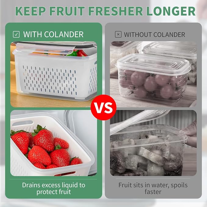 3 Pcs Fruit Containers for Fridge, Strawberry Storage Containers for Fridge, Food Storage Container with Airtight Lid, Removable Colander Basket for Rinsing and Draining, Keep Produce Fresh Longer