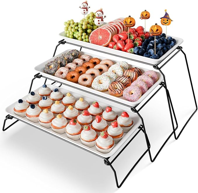 Bumusty Large 3-Tier Melamine Serving Tray Set, 17 x 8.7 in, Black Stand | Melamine Reusable Platters with Metal Display Stand for Cupcakes, Desserts, Fruit, Cookies, Parties, Birthdays and Holidays
