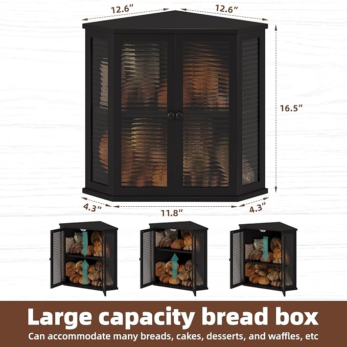 Corner Bread Box for Kitchen Counter, Black Bamboo Bread Box with Real Glass Door, Double Layer Space Saving Bread Storage for Homemade Bread