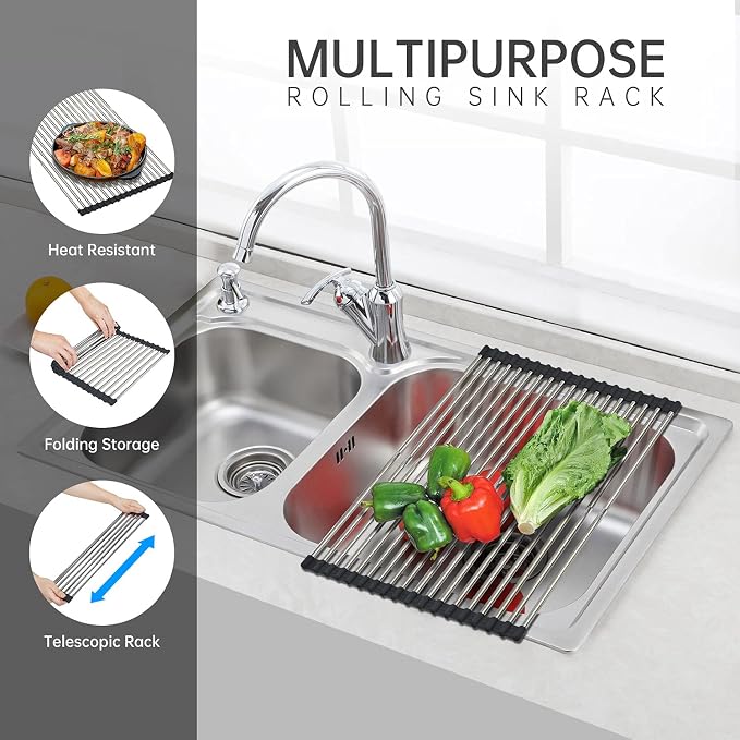 CHIRISEN Expandable Roll Up Dish Drying Rack Large, Foldable Over The Sink Dish Drying Rack, Collapsible Stainless Steel Drainer Over Sink Dish Drying Rack for Kitchen Counter (Black, 21.25''x12.79'')