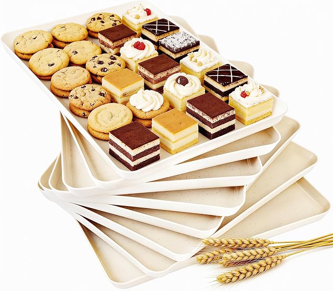 YOUBET 8PCS Ivory Wheat Straw Plastic Serving Trays for Party Wedding | Ivory Wheat Straw Trays for Serving Food - Super Strong Disposable Platters, Heavy Duty Plastic Trays for BBQ, Picnic