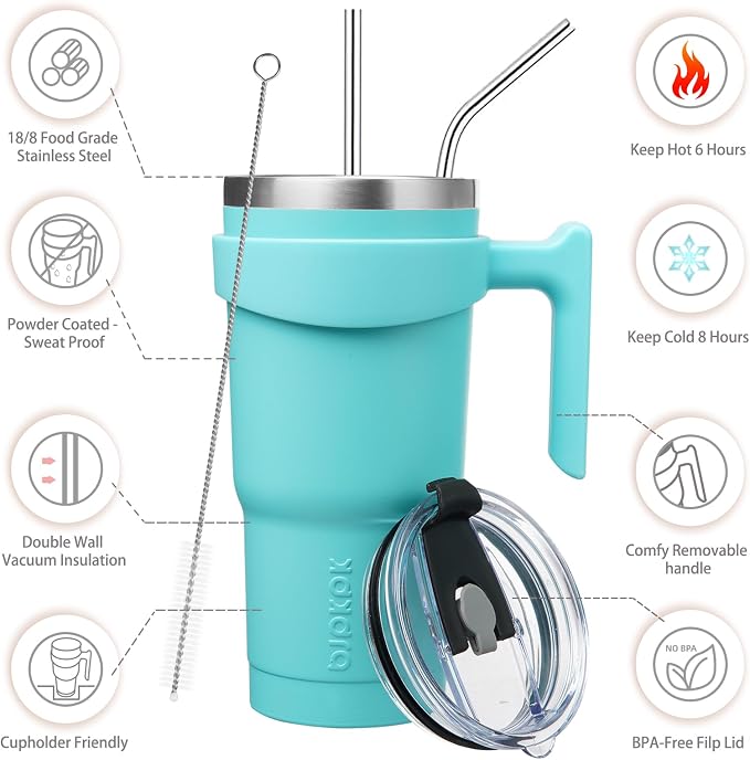 BJPKPK 20 oz Tumbler with Handle & Straw, Insulated Stainless Steel Mug | Double Wall Vacuum, Keeps Hot/Cold, Thermal Cup, BPA Free, Dishwasher Safe, Cupholder Fit, Coffee & Travel, Turquoise