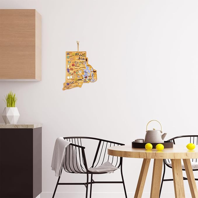Totally Bamboo Rhode Island State Shaped Cutting Board, Art by Fish Kiss | State charcuterie board with colorful hand-drawn map artwork. Smooth reverse side for food prep. Hang tie for wall display.