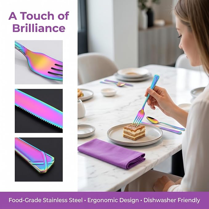40-Piece Colorful Stainless Steel Flatware Set for 8, Rainbow Cutlery Set include Knives, Forks and Spoons, Vibrant Dishwasher Safe Silverware for Parties, Weddings & Family Dining