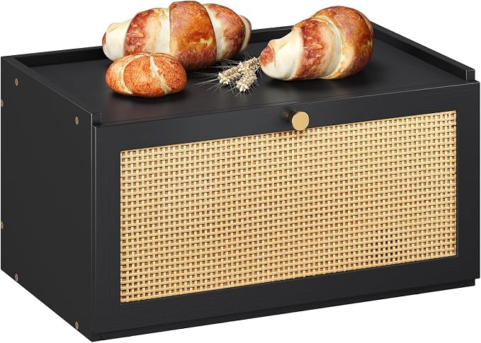 Trironsun Rattan Bamboo Bread Box for Kitchen Counter Large Capacity Bread Storage Bin Farmhouse Bread Storage Container Rustic Bread Holder (Black)