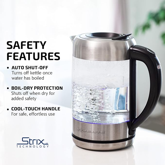 OVENTE 1.7L Glass Electric Kettle Water Boiler, Silver KG612S | 1500W Fast Boiling, Easy Fill Lid, Borosilicate Glass, Blue LED Light, BPA-Free, Auto Shut-Off, Boil-Dry Protection