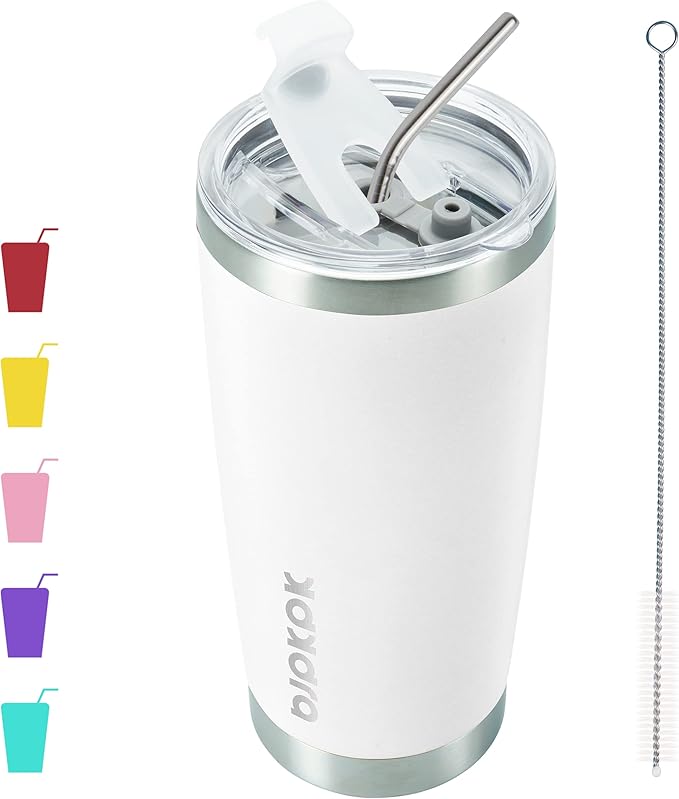 BJPKPK 20 oz Coffee Tumbler with Lid, Straw, Insulated Stainless Steel Mug | Double Wall Vacuum, Keeps Hot/Cold, BPA Free, Leak Proof, Iced Coffee Cup Fit Car Holder, Travel & Beach Ready, White