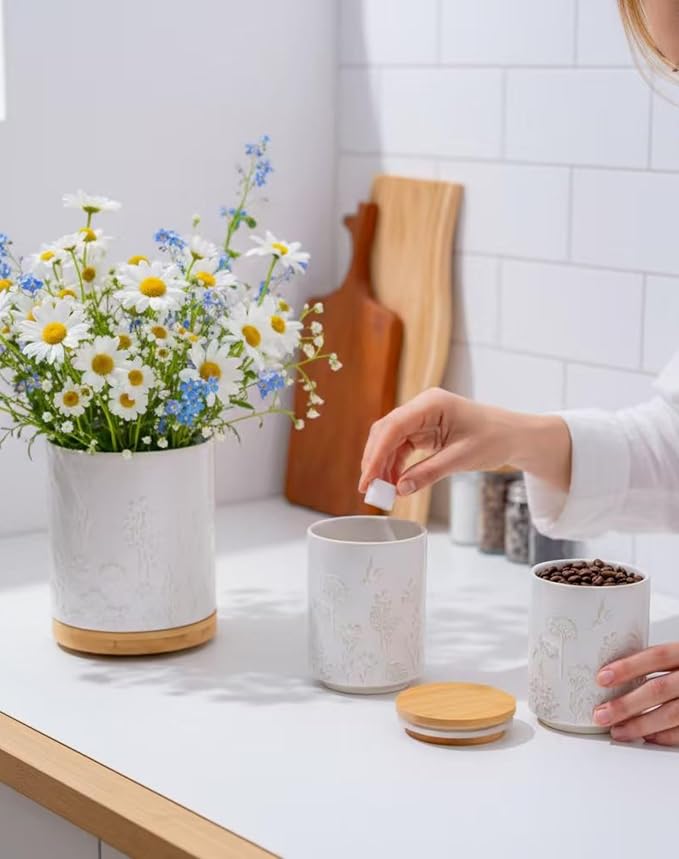 TEATALK Vintage Ceramic Utensil Crock Set, Airtight Lid & Rotating Base for Countertop, Farmhouse Kitchen Organizer, Large and Small Dark Blue Crocks in White Garden Pattern, 7.7"+5.7"