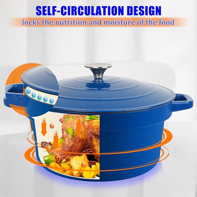 7QT Dutch Oven Pot With Lid, Enameled Cast Iron Dutch Ovens for Sourdough Bread Baking, Non-Stick Ceramic Dutch Oven Cooking Pot, Oven Safe, Blue (10 Pcs Bread Paper Liners)