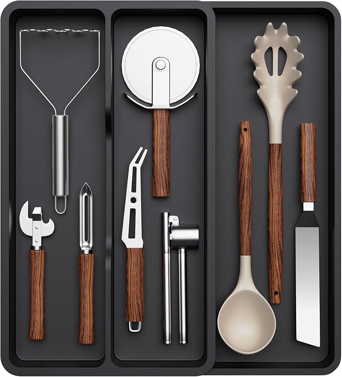 Lifewit Utensil Organizer for Kitchen Drawer, Expandable Cooking Tray | Adjustable Cutlery Flatware Holder, Plastic Silverware Spatula Tools Storage Divider, 8.9-14.4 x 15.8", Black
