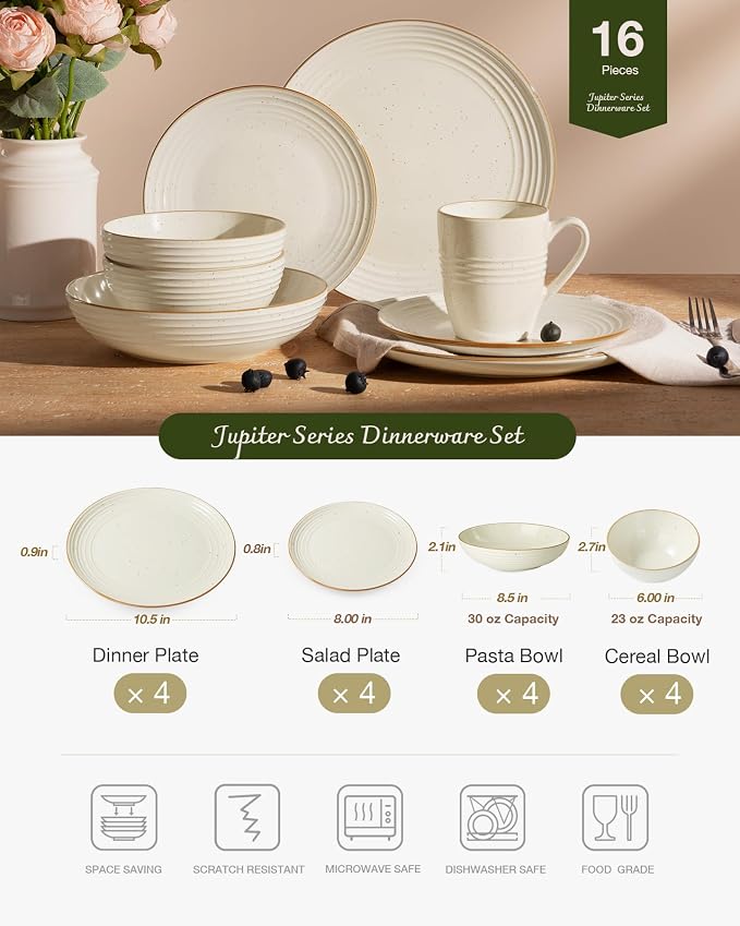 Famiware Jupiter Stoneware Dinnerware Sets with Pasta Bowls, Dishes for 4 | 16pc Speckled Plates and Double Bowls with Rim, Chip & Scratch Resistant, Microwave & Dishwasher Safe, Neutral Vanilla White