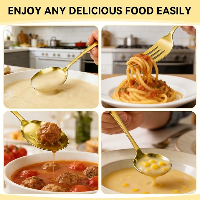 Artcochan 12 PCS Gold Serving Utensils, Stainless Steel Flatware Set Includes Large Serving Spoons, Slotted Spoons, Ladle, Forks, Tongs, Appetizers Tongs and Cake Server for Buffet Party Catering