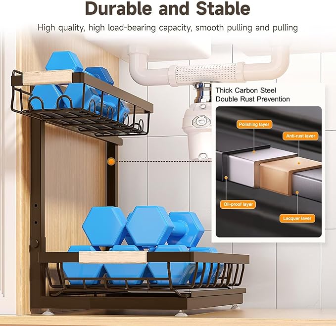 2-Pack 2-Tier Height Adjustable Under Sink Organizer & Storage | Multi-purpose storage for kitchen & bathroom cabinet. Extra Large brown shelf, height adjustable design for space-saving.
