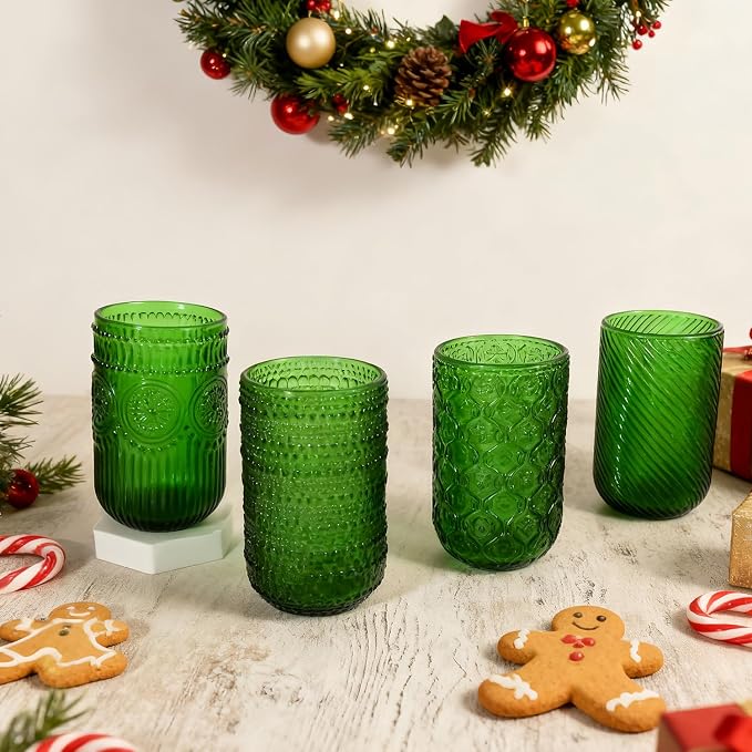CHLJAR Christmas Green Vintage Wine Drinking Glasses Set of 6, 14 oz hobnail drinking glasses Glassware Embossed Green Water Tumbler for Beer, Juice, Cocktail, Whiskey, Milk