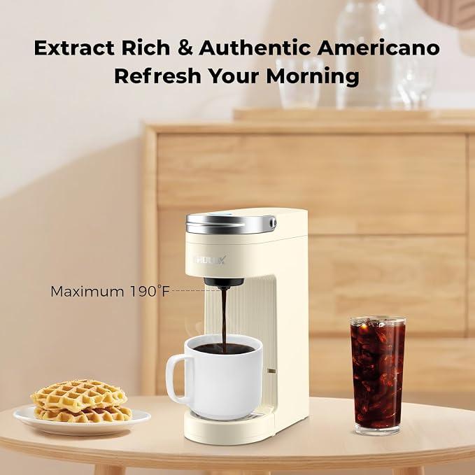 CHULUX Compact Single Cup Coffee Maker for K Cup Pod, Auto Shut-Off, Cream | Fast-Heating Boiler System, 4-Hole Needle for Richer Flavor, Adjustable Drip Tray for 7.3" Travel Mug, Food Grade Material